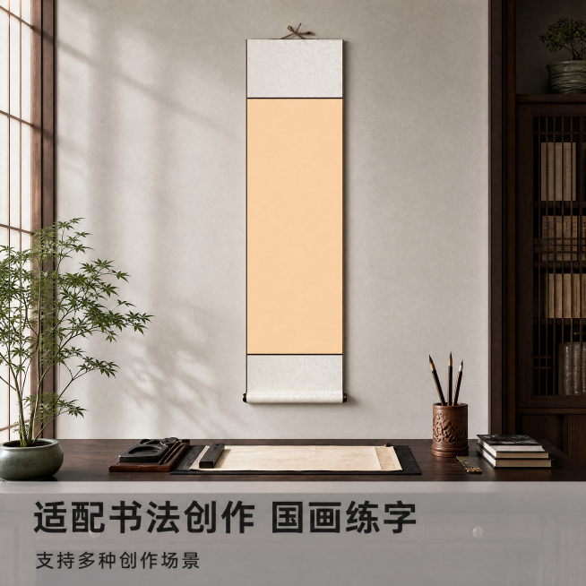 「图片1」，生成一套主图（4张），商品名称是空白宣纸挂轴，卖点是多种尺寸可选，全绫装裱，生宣，半生半熟，适配淘宝/天猫平台，主图比例为1:1预览效果
