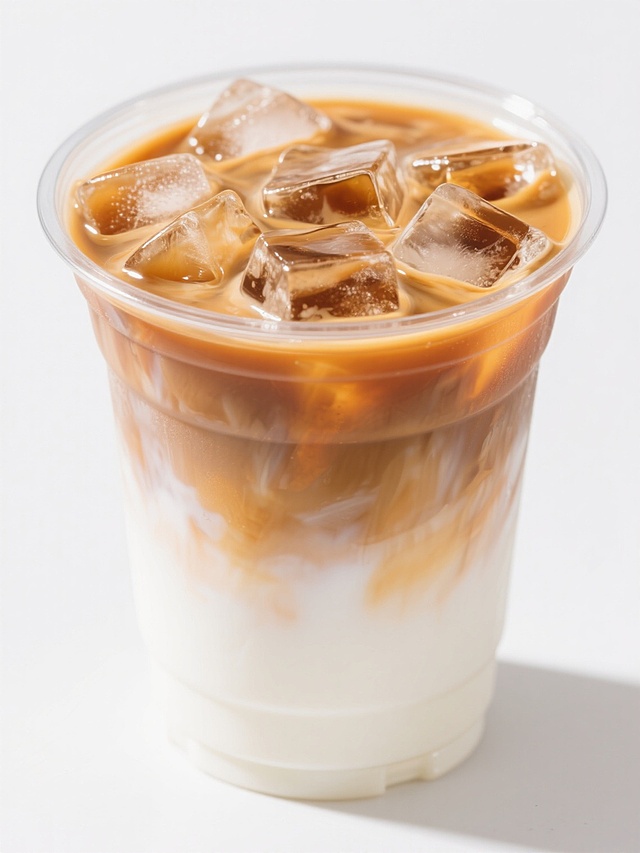 一杯透明塑料杯中装满了渐变分层的冰拿铁咖啡，上层是浓郁的焦糖色，中间过渡为柔和的橙黄色，下层是纯净的乳白色，杯口覆盖着大量透明的冰块，冰块表面折射出光泽，整体呈现出清新透亮的质感，光影效果自然，色彩过渡细腻，背景为纯白色，突出饮品主体。