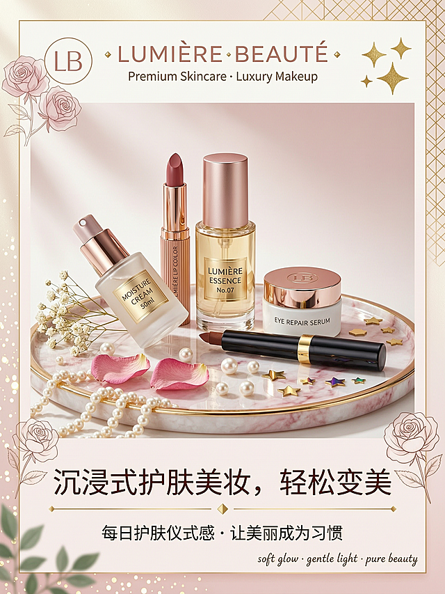 时尚美妆品牌小红书广告封面竖版3:4，高级感美妆产品展示，ins风柔焦质感，浅粉暖调背景，氛围感，文字：「沉浸式护肤美妆，轻松变美」