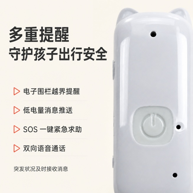 [主图-3] 安全防护功能展示图。[氛围风格] 安心可靠，简洁明了，浅色调柔和风。[画质] 商业摄影质感，产品清晰真实，画面干净高级。[元素] 画面右侧展示定位器SOS按键局部实拍放大图，保持按键细节预览效果