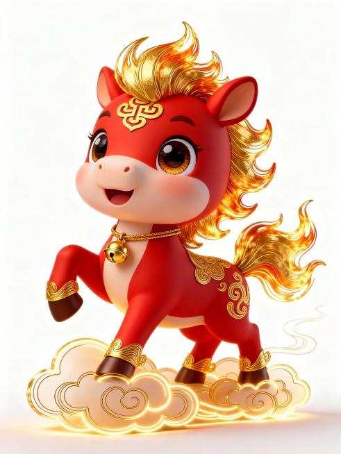 卡通风格，极细线稿画，金色荧光线稿，一匹可爱的小马吉祥物，昂首挺胸，前蹄抬起，姿态充满活力。身体圆润，主色调为中国红和金色。鬃毛和尾巴是金色的火焰形态。马蹄踏在祥云上。额头有金色如意纹。脖子上挂着金色预览效果