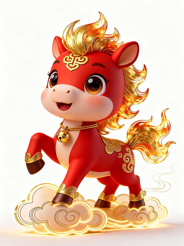喜庆红金配色，萌趣小马踏云而行，融合国潮与软3D风格，鎏金纹饰点缀，尽显节日祥瑞与可爱魅力。