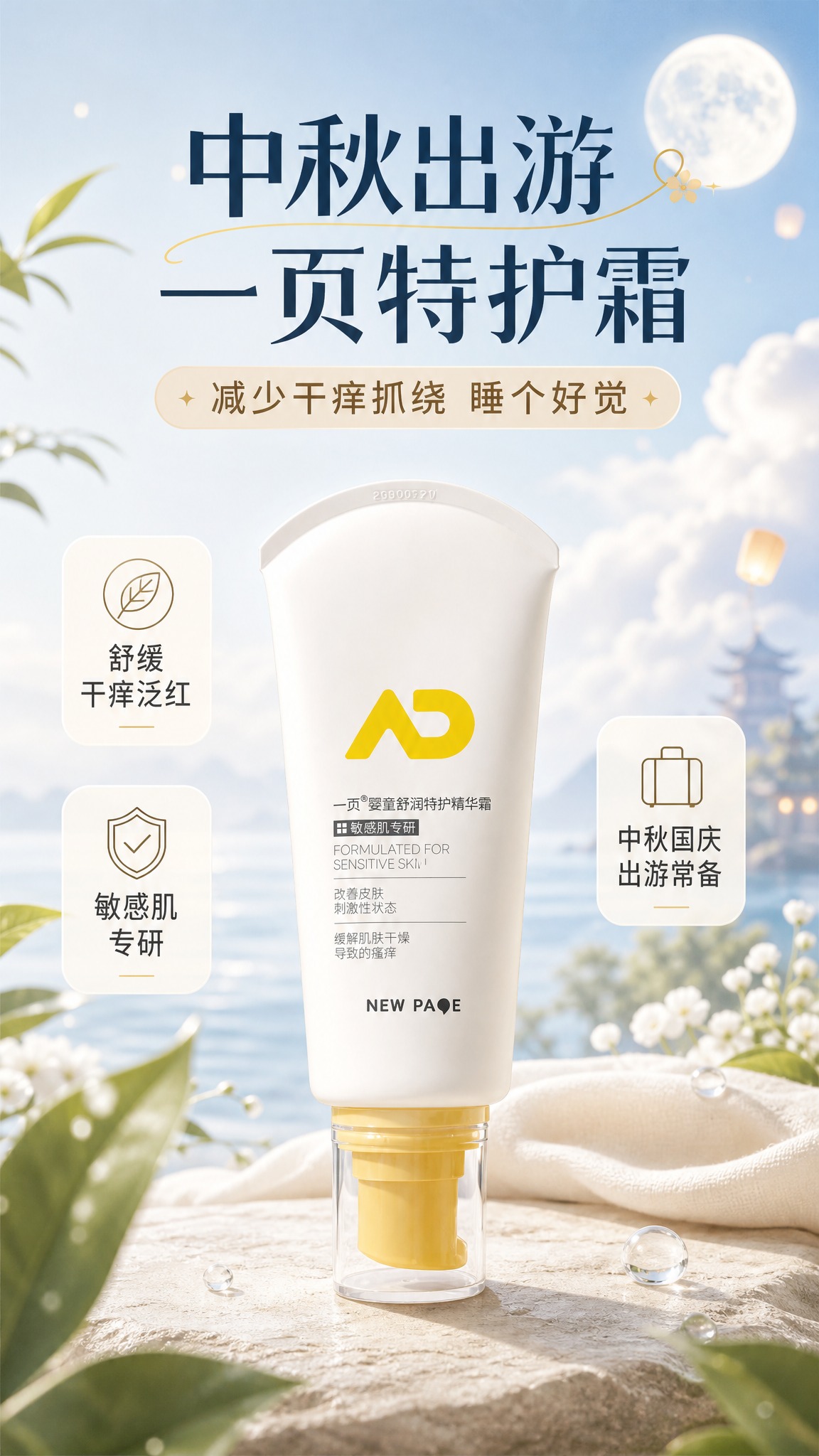 一页婴童舒润特护精华霜产品海报，中秋国庆出游主题。产品为白色软… - 图片创意预览