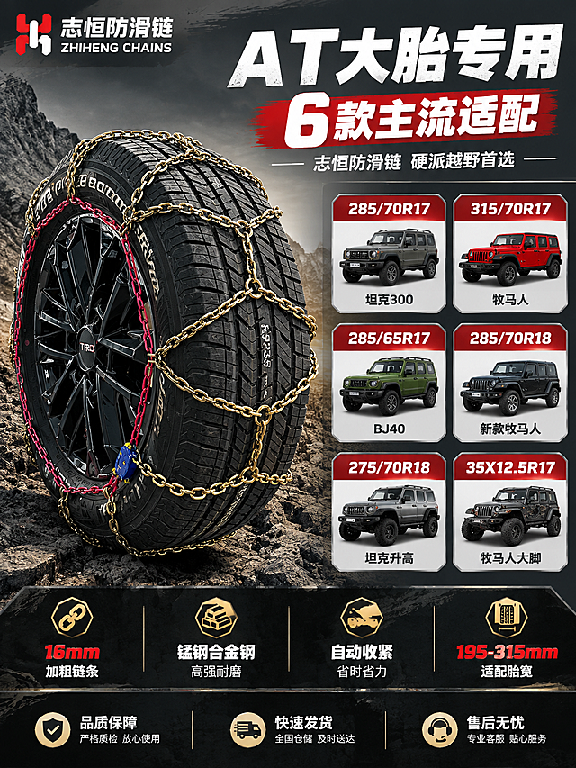 [详情页-8 版本B 重制] 6款AT胎适配+车型图 链条结构严格还原
[商品] 主要使用【image2】【image3】产品实拍作为链条结构参考；链条为16mm金色锰钢粗链条，菱形交叉网格结构，胎面链条交叉形成菱形格，交叉点有连接环固定；侧面红色塑料收紧带环绕；蓝色自动锁（蓝色外壳+银色螺丝+红色扳手+黄色胶块）在侧下方与红色收紧带连接。轮胎为百路驰KO2 AT大花纹胎，黑色TRD轮毂。品牌志恒防滑链。链条结构必须与实拍完全一致。
[画面] 左右结构，左侧AT胎带16mm防滑链侧立，链条菱形网格结构清晰，产品占45%，放置在岩石地面上。右侧上方大标题AT大胎专用 6款主流适配，右侧6款适配型号卡片，2列3行，每款含型号大字+越野车缩略图+车型文字：285/70R17配坦克300图、315/70R17配牧马人图、285/65R17配BJ40图、285/70R18配新款牧马人图、275/70R18配坦克升高图、35X12.5R17配牧马人大脚图。下方产品核心参数横排4项：16mm加粗、锰钢合金钢、自动收紧、195-315mm。底部通栏服务保障三图标。左上角志恒防滑链Logo。
[视觉] 套系策略：风格=硬核越野工业风 高信息密度；标题字=厚重粗黑体 力量感；正文字=简洁黑体；主色=深灰黑+金属金；背景延展=深灰渐变+岩石质感；强调色=越野红 仅用于型号标题/重点数字；标题色=白色；正文色=深灰色；组件=车型卡片、参数图标、底部服务条；光影=侧光 链条金属质感强 菱形网格清晰。
[文字] 顶部主标题AT大胎专用 6款主流适配，副标题志恒防滑链 硬派越野首选。6款各有型号大字+车型文字，参数4项，底部服务三图标。全部横排。
[规格] 3:4竖版 4K 链条菱形网格结构必须准确 交叉连接环清晰 红色侧带位置正确 自动锁结构真实 6个型号准确 无变形错字 无水印 禁止人物赠品