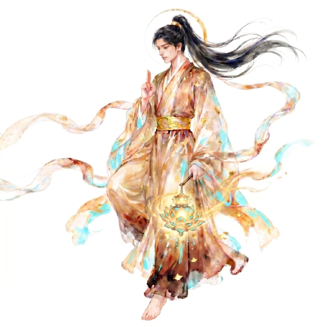 调整整体颜色为光系风格，提亮整体画面亮度，在服饰和宝莲灯上添加少量青色点缀，保留人物造型、宝莲灯、悬浮姿态、结印手势、干净背景和水彩水墨画风格不变预览效果