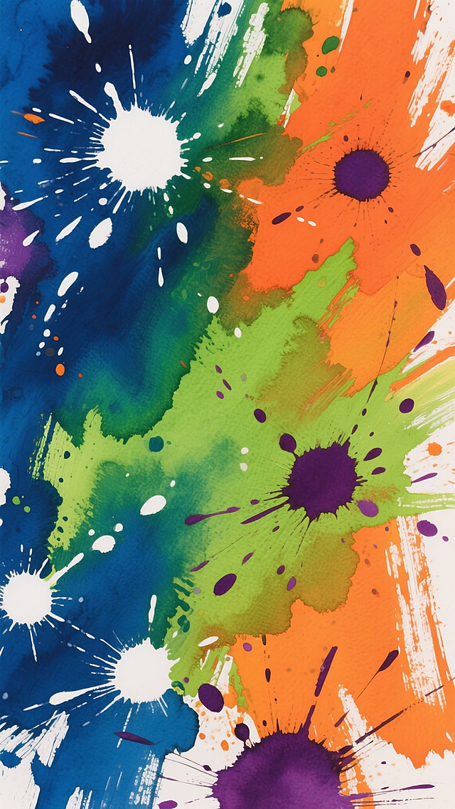 一幅充满活力的抽象水彩画，采用奔放的笔触和飞溅的颜料效果，以深蓝、翠绿和橙色为主色调，点缀着明亮的白色和深紫色斑点。画面中可见粗犷的刷痕纹理和不规则的色块分布，色彩之间相互交融渗透，营造出热烈而富有动感的视觉氛围，整体呈现出洒脱自由的艺术风格，具有强烈的色彩对比和丰富的层次感。