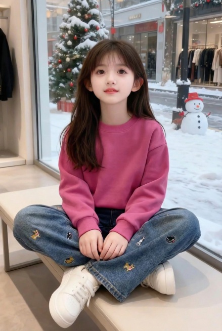 把图1的卫衣和牛仔裤给图的2的人物穿上，保留原场景光影，保持图2的人物的五官和发型不变，图片宽高尺寸不变，背景不变，鞋子变为白色运动鞋，人物姿势不变，保持图1的卫衣和牛仔裤的款式材质不变和颜色不变预览效果