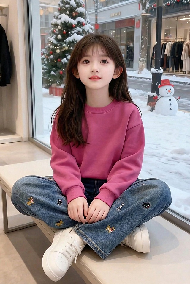 把图1的卫衣和牛仔裤给图的2的人物穿上，保留原场景光影，保持图2的人物的五官和发型不变，图片宽高尺寸不变，背景不变，鞋子变为白色运动鞋，人物姿势不变，保持图1的卫衣和牛仔裤的款式材质不变和颜色不变