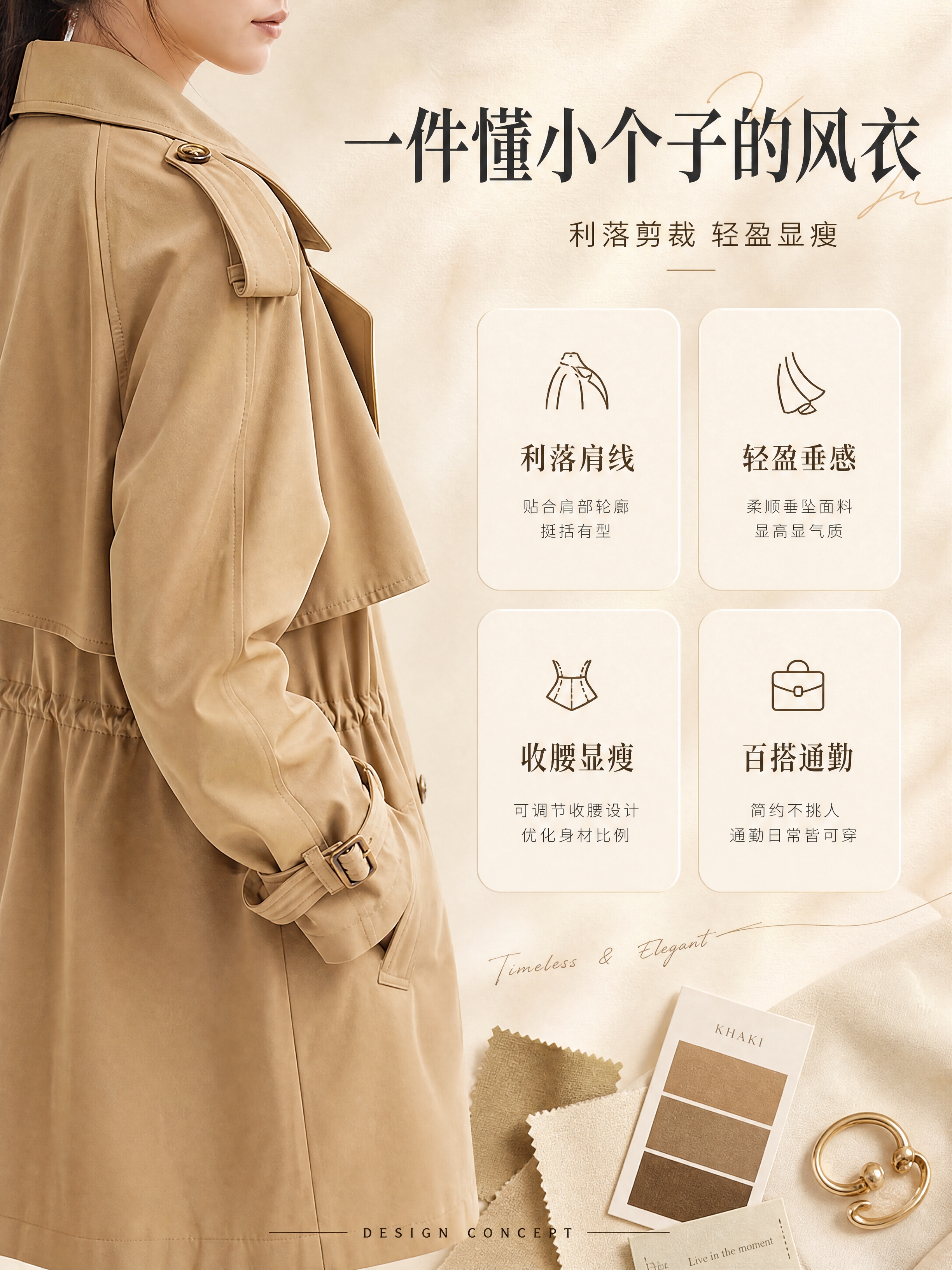 [商品] 使用【图1】卡其色短款收腰风衣；商品处理：保留翻领、… - 图片创意预览