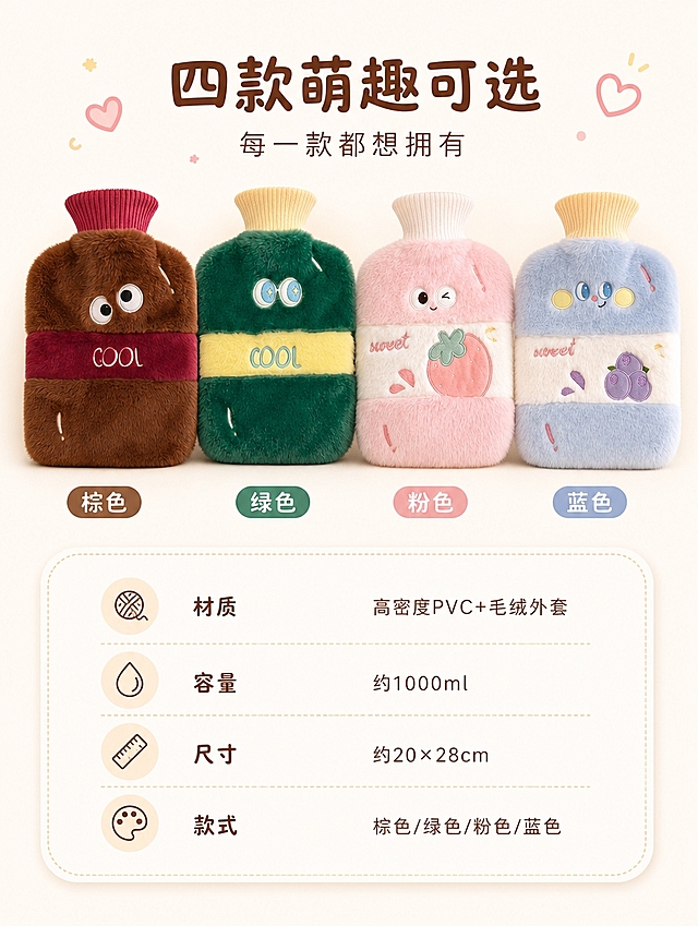 [第6张] 产品信息页-规格参数与四款颜色展示。本张使用【图1】四款热水袋作为产品展示。
[氛围/风格] 清晰信息卡风格，软萌圆角排版，条理分明，商业设计质感。
[元素布局] 上方是四款热水袋横向排列展示，占比约50%；下方是圆角信息卡，展示产品参数；背景为柔和的浅米色；产品颜色、造型、刺绣与原图完全一致。
[光影质感] 均匀柔光，产品清晰明亮，整体干净整洁。
[配色色系] 全局底色 #FFFAF5；主色奶白、浅棕；辅助色四款产品色彩点缀。
[视角构图] 正面平视，上产品下参数布局，阅读动线从上到下。
[文字版式] 顶部主标题「四款萌趣可选」，副标题「每一款都想拥有」；下方参数卡：「材质」高密度PVC+毛绒外套，「容量」约1000ml，「尺寸」约20×28cm，「款式」棕色/绿色/粉色/蓝色；圆角软排版，字体圆润清晰。
[比例分辨率] 3:4 竖版比例，高清画质，参数文字清晰可读。
[负向提示词] 产品变形，颜色偏差，水印，文字错乱，参数错误，医疗相关词汇。
