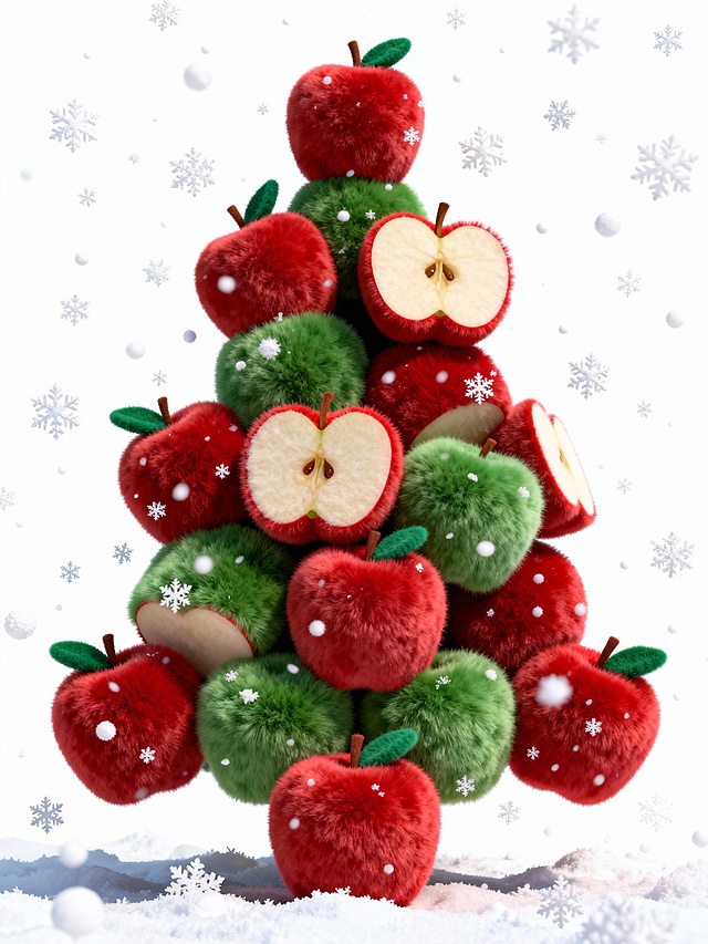 圣诞毛绒质感平安果，空中飘落白色雪花。