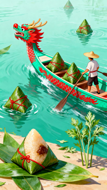 端午节主题插画，包含龙舟、粽子、粽叶、艾草等传统元素，国风喜庆风格，整体色彩为青绿色搭配红色预览效果