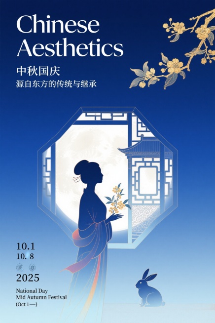 平面插画，海报设计，高级感排版，新中式美学，中国当代艺术风格，新中式宋代主题，国风美学，高饱和蓝白渐变背景，超现实，女人与桂花的剪影，背后有满月的虚影，旁边还有一只月兔，背景中间有宋代窗花样式，画面右预览效果