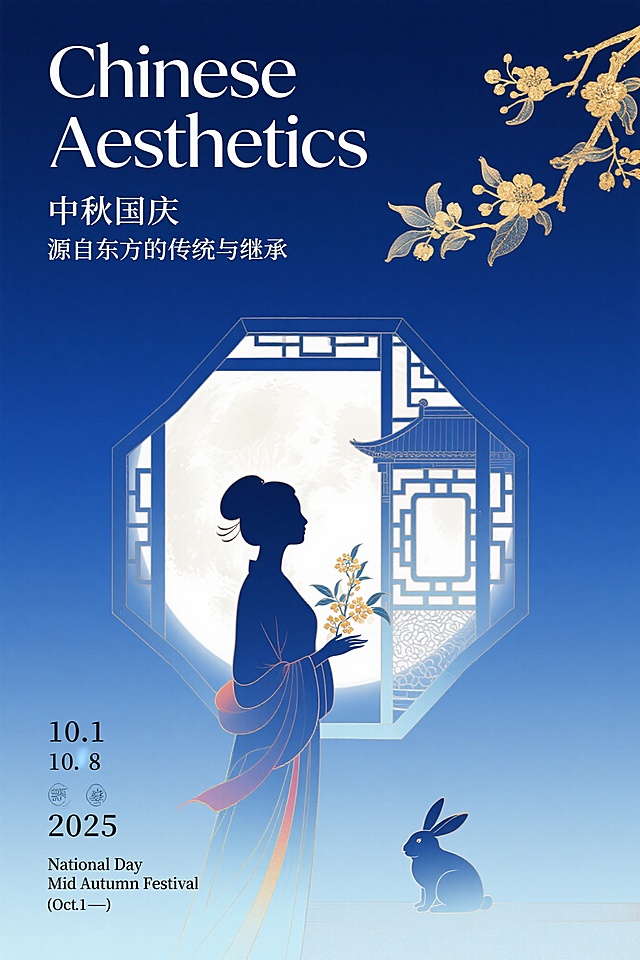 平面插画，海报设计，高级感排版，新中式美学，中国当代艺术风格，新中式宋代主题，国风美学，高饱和蓝白渐变背景，超现实，女人与桂花的剪影，背后有满月的虚影，旁边还有一只月兔，背景中间有宋代窗花样式，画面右上方有些树枝与花朵插入到画面内，渐变和肌理磨砂处理，造型柔和，中式建筑，中式花纹，不透明和半透明质感，工笔画，层次感，弥散渐变，细节满满，左上方放标题“Chinese Aesthetics”，用细的衬线体，放大处理，在标题下放“中秋国庆”，下方还有“源自东方的传统与继承”，整个画面左下方放日期“10.1”和“10.8”，还有“2025”，日期部分有点缀小字“National Day Mid Autumn Festival”，日期与点缀小字都用衬线体，底部左下角有“National Day ”，极小号字体，横向排布底端左侧“Oct 1-Oct 8,2025”，极小号字体，横向排布，右下角“Mid Autumn Festiva”极小号字体，横向排布，统一用衬线体