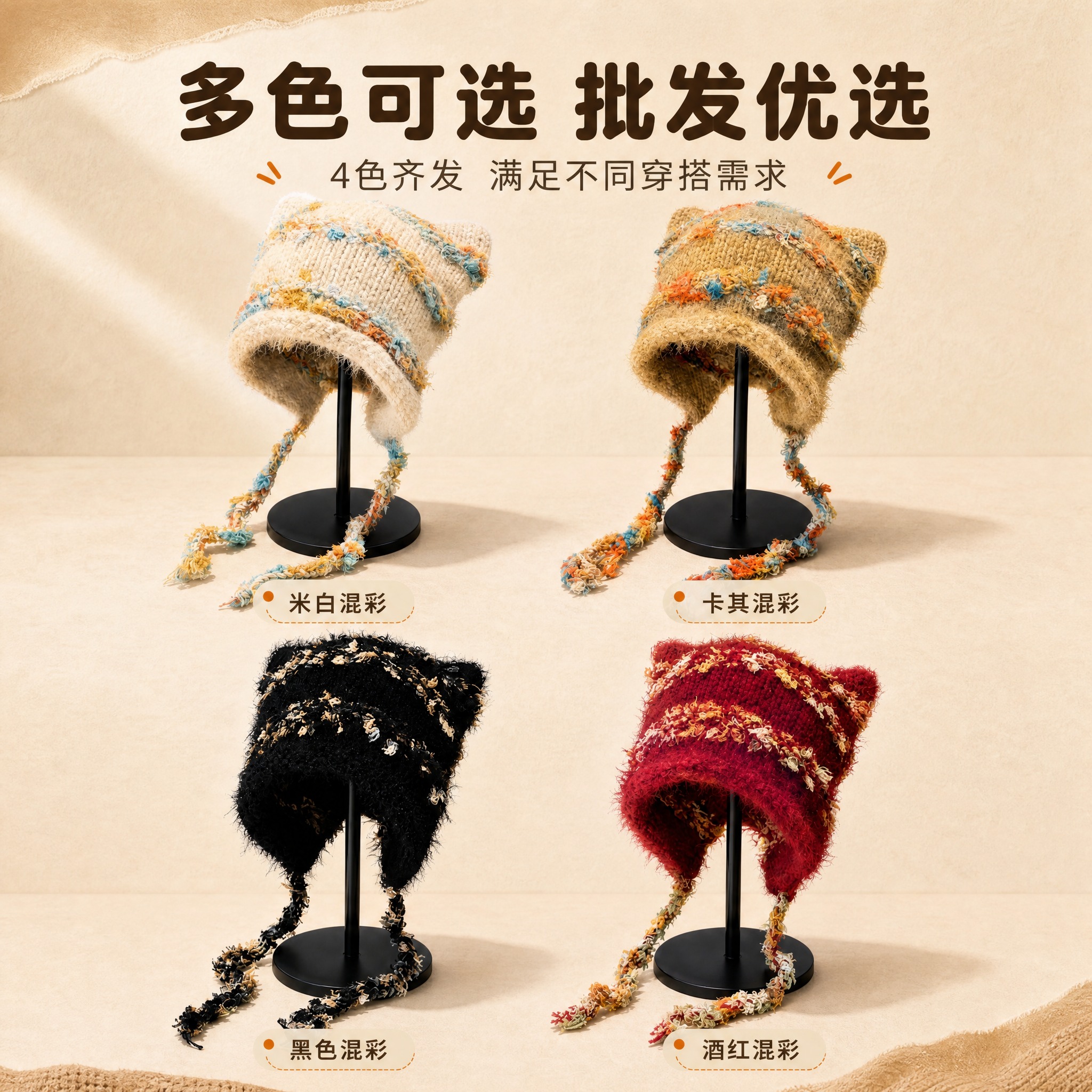 [主图-4] 猫耳针织护耳帽 多色可选批发优选 四色阵列展示图… - 图片创意预览