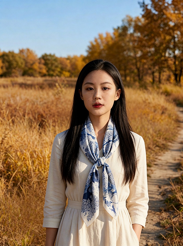 生成围巾商业人像写真（基于第一张图风格），人物必须高度还原参考图第二张的五官比例与脸型，重塑长直黑发适配风格，人物调整为正脸朝向镜头，绝对禁止出现第二张图人物的金框眼镜和金葫芦项链；整体是户外秋日田园风格，自然写实质感，大气治愈氛围感，暖调秋日自然光，清晰明亮柔和光影；清透自然肤质，保留真实皮肤纹理；人物正面对镜头，自然放松表情；妆容自然清透，穿米棉麻收腰连衣裙，搭配蓝白花纹丝巾系于颈间；背景是秋日户外枯黄草地乡间小路，远处是金黄树叶树林，蓝天晴朗，中景构图；分辨率4k，电影级光影质感，商业人像摄影级别