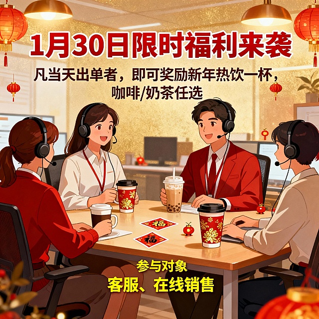 1月30日限时福利来袭
凡当天出单者，即可奖励新年热饮一杯，咖啡/奶茶任选。 
参与对象：客服、在线销售