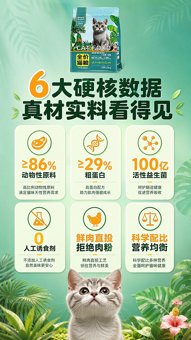 [商品] 使用【图1】尼可小花全价猫粮袋装产品；保留包装袋所有原貌特征；商品处理：产品袋缩小放在画面顶部作为品牌露出，保持清晰可辨识。
[画面] 页面目标：6大核心数据展示，用硬核数据建立专业信任；构图骨架：顶部小标题+产品小图，中部6个数据卡片分两排三列排列，底部猫咪仰望数据；主体位置：数据卡片占据画面中部核心区域；主体占比：数据信息占画面约60%；景别：信息全景；阅读动线：从上到下，从左到右；前中后景：前景数据卡片，中景渐变背景，后景隐约植物纹理；场景：简洁数据展示页，青绿色渐变背景配细腻植物暗纹。
[视觉] 套系策略：风格=自然清新森系商业摄影风；标题字=粗黑体圆润字形；正文字=简洁无衬线体；主色=青绿色（#2A9D8F）；背景延展=基于青绿色做深浅层级、同色渐变和自然植物/木纹/草地质感；强调色=暖黄色（#F4A261），仅用于小面积图标、引线、标签和数字高亮；标题色=深墨绿色；正文色=深灰绿色；组件=圆角浅绿信息卡、细线引线、叶片装饰元素；光影=均匀柔和布光，数据卡片有轻微投影增加层次感。
[文字] 顶部主标题："6大硬核数据 真材实料看得见"；6个数据点分两排三列，每个数据配圆形图标：第一排"≥86% 动物性原料"、"≥29% 粗蛋白"、"100亿 活性益生菌"；第二排"0 人工诱食剂"、"鲜肉直投 拒绝肉粉"、"科学配比 营养均衡"；数字用暖黄色放大突出，每个数据下方配一行小字说明；底部配一只可爱猫咪仰望的形象；所有文字横向排版，字号保证手机端清晰可读。
[规格] 图片比例9:16竖版，4K，避免变形、错字、文字过小、数据模糊、冷蓝/蓝灰背景。