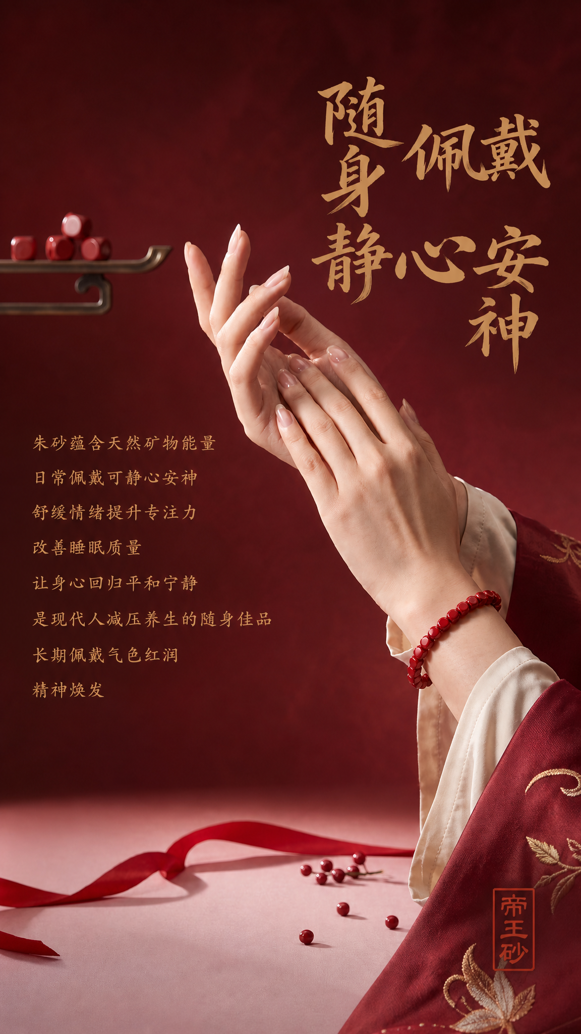 电商详情页养生卖点图，双手优雅展示佩戴朱砂手串的效果，酒红渐变… - 图片创意预览