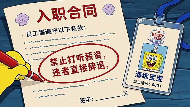海绵宝宝官方原版2D赛璐璐画风，干净黑描边，平涂色彩，16:9横屏构图，仅出现原作官方角色。入职合同特写，红笔圈出 “禁止打听薪资，违者直接辞退” 的醒目字样，旁边放着海绵宝宝的员工工牌