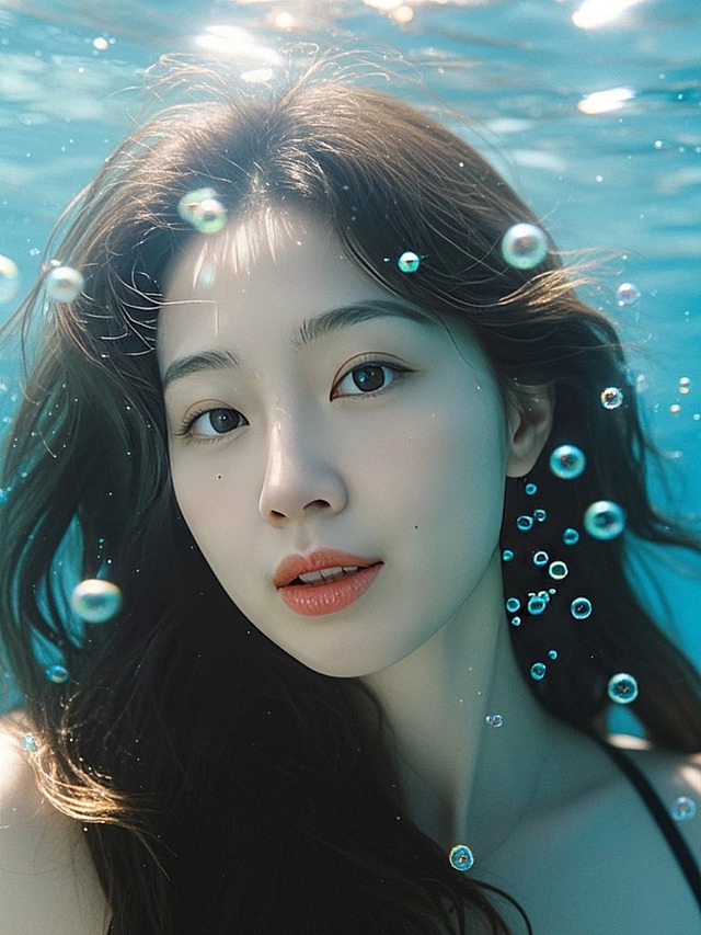 水下写真风格，高分辨率，模拟真实水下摄影质感 。特写展现一位年轻女性，流露宁静与神秘气质 。阳光穿透水面，形成斑驳光影洒在她脸部与头发上 。周围散布着闪烁光线的小气泡 。整体色调为蓝绿渐变的冷色调 ，背景模糊呈现水下世界。