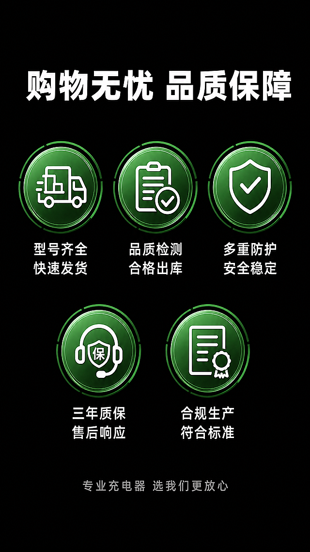 [第9屏] 售后服务保障页，专业电池充电器售后承诺展示。
[氛围/风格] 专业深色科技风，简约清晰，品牌信赖感，商业质感。
[元素布局] 顶部主标题，中部用五个统一风格图标矩阵排列，展示五项售后服务承诺，图标两行排列（上三下二），底部用收束文案总结。每个图标大小均匀，间距合适，不拥挤，文字标注清晰。背景深色简约，无多余元素。
[光影质感] 整体光照均匀，图标和文字清晰，绿色图标突出，明暗层次分明，视觉舒适。
[配色色系] 全局底色：#121212（深黑）；图标绿色，图标内线条白色，标题和文字浅白色，保持全套深色简约专业风格。
[视角构图] 纵向排版，从上到下依次是标题-图标矩阵-收束文案，结构清晰稳定，阅读流畅。
[文字版式] 顶部主标题 "购物无忧 品质保障"，白色粗体。五个保障服务：1 型号齐全 快速发货；2 品质检测 合格出库；3 多重防护 安全稳定；4 三年质保 售后响应；5 合规生产 符合标准。每个图标下方标注服务名称，白色文字，大小适配移动端，清晰可读。底部收束文案 "专业充电器 选我们更放心"，浅灰色小字，不出现诱导抢购按钮。
[比例分辨率] 9:16竖版比例，4K分辨率，文字清晰可辨，超高清。
[负向提示词] 图标排列错乱，文字模糊，水印，诱导按钮，极限广告词，背景杂乱
