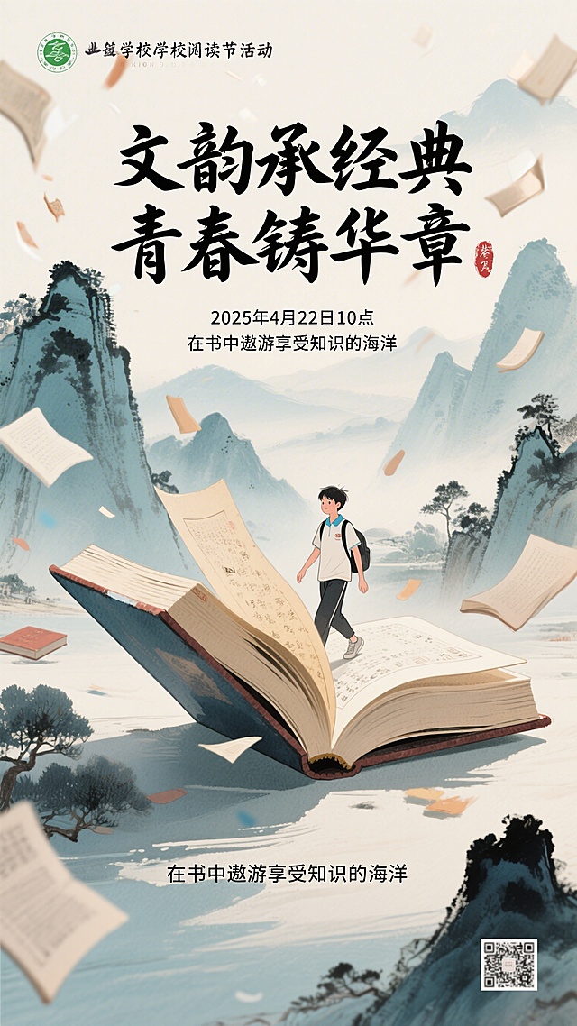 国风插画，学校读书节活动宣传，翻开的古书本中走出青春少年，背景是水墨山川和散开的书页，整体意境雅致书香，画面包含文字 "文韵承经典，青春铸华章"，"2025年4月22日10点"，"在书中遨游享受知识的海洋"，国潮配色，书香氛围浓厚