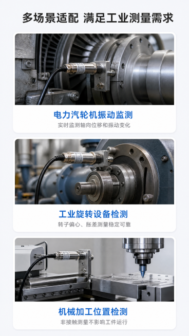 [第6屏] 电涡流位移传感器多场景适配应用展示，页面功能为展示产品适配的不同工业使用场景。
[氛围/风格] 专业真实的工业场景氛围，保持全套严谨科技的视觉风格统一。
[元素布局] 页面顶部放置大标题，预览效果