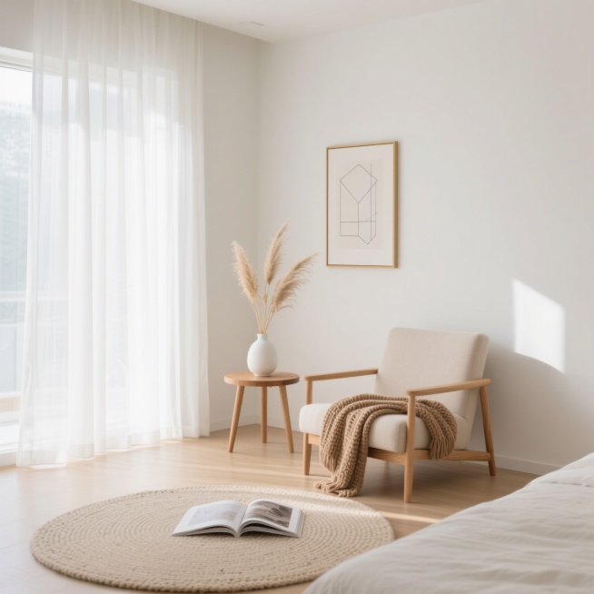 极简主义风格卧室，明亮柔和的自然光透过半透明白色纱帘洒满房间，整体色调以纯净的米白色、浅木色为主，营造出宁静、温馨、舒适的氛围。房间内有简约设计的浅木色单人沙发，沙发上随意搭着一条浅棕色针织毯子，旁边配有小巧的圆形木质边几，上面摆放着插有干燥芦苇的白色陶瓷花瓶。地面铺设浅色木地板，中央放置一块浅色编织地毯，地毯上有一本翻开的杂志。背景墙为纯白色，墙上挂着一幅线条简约的几何装饰画，画框为细窄的金……预览效果