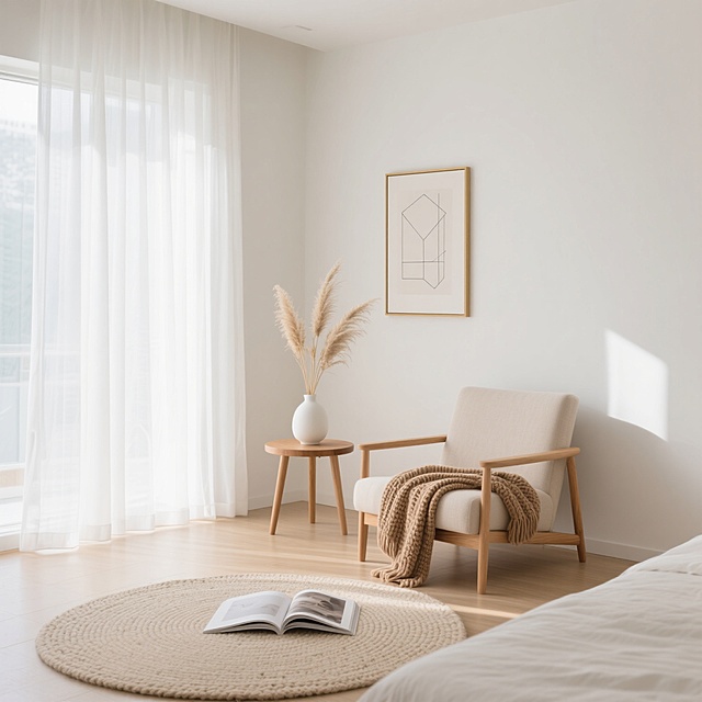 极简主义风格卧室，明亮柔和的自然光透过半透明白色纱帘洒满房间，整体色调以纯净的米白色、浅木色为主，营造出宁静、温馨、舒适的氛围。房间内有简约设计的浅木色单人沙发，沙发上随意搭着一条浅棕色针织毯子，旁边配有小巧的圆形木质边几，上面摆放着插有干燥芦苇的白色陶瓷花瓶。地面铺设浅色木地板，中央放置一块浅色编织地毯，地毯上有一本翻开的杂志。背景墙为纯白色，墙上挂着一幅线条简约的几何装饰画，画框为细窄的金色。采用开放式布局，视觉层次分明，空间感通透，光线柔和均匀，阴影细节自然，材质表现细腻，如纱帘的轻盈垂坠感、木质家具的温润纹理、针织毯子的柔软质感。