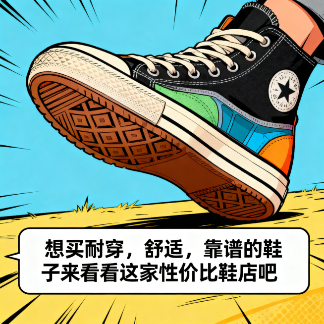 漫画风格，特写耐磨鞋底和舒适鞋内结构，搭配文字"想买耐穿，舒适，靠谱的鞋子来看看这家性价比鞋店吧"，突出产品优势预览效果