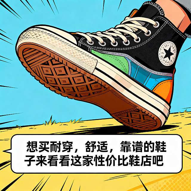 漫画风格，特写耐磨鞋底和舒适鞋内结构，搭配文字"想买耐穿，舒适，靠谱的鞋子来看看这家性价比鞋店吧"，突出产品优势