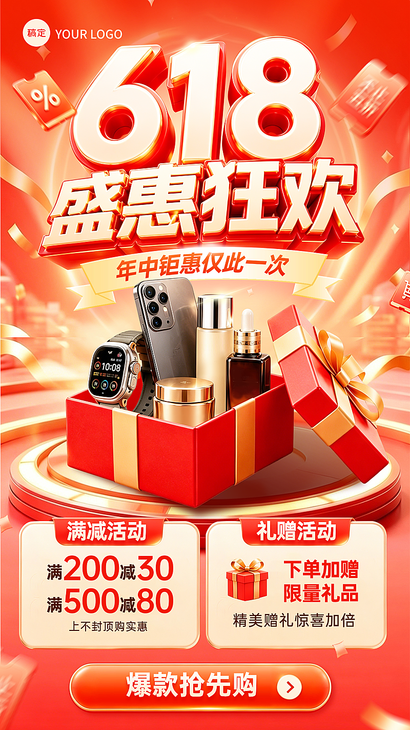 618年中大促活动宣传红色创意喜庆感竖版海报