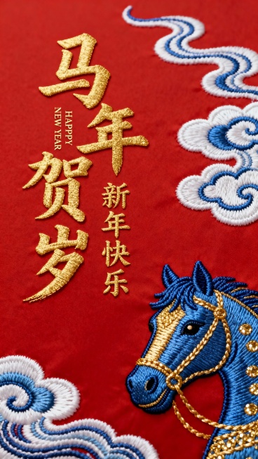 画面右下角是一匹蓝金刺绣质感的马头，搭配蓝白绣纹祥云，左侧是金色书法大字主标题 “马年贺岁”，副标题“新年快乐”， 竖排小字“HAPPY NEW YEAR” 英文， 红色背景预览效果