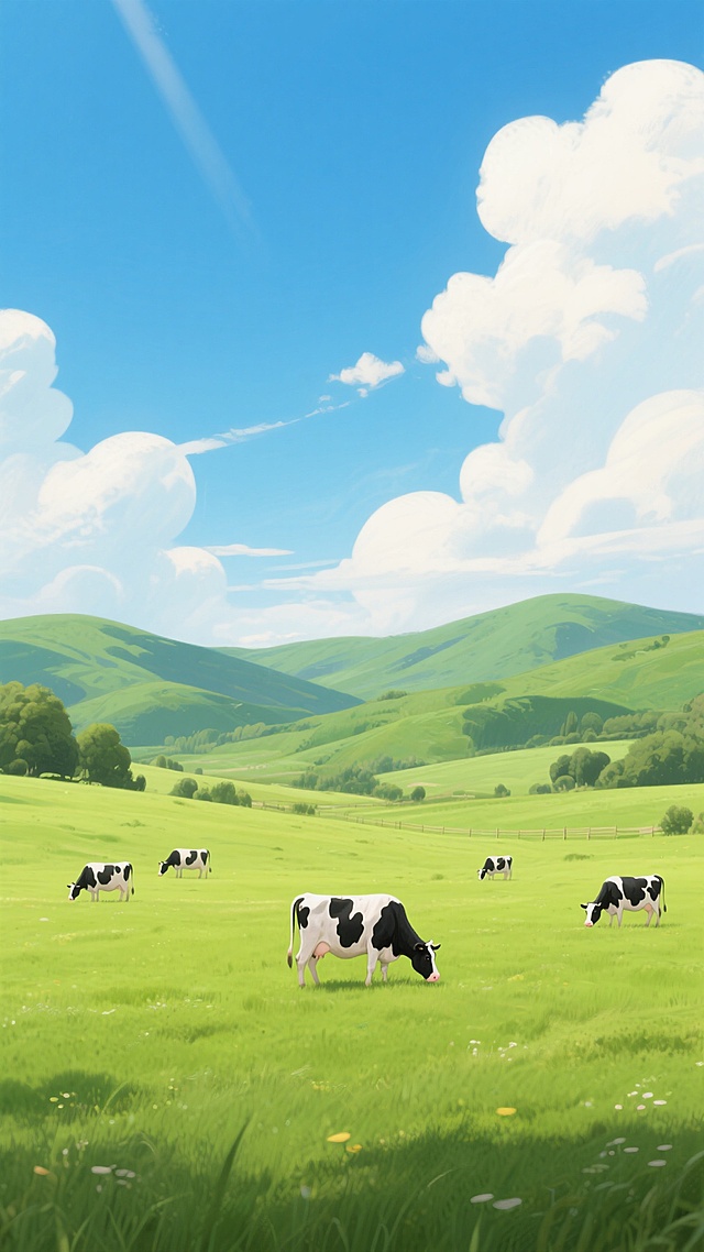 一幅牧场主题的插画，画面中有一片广阔的绿色草地，草地上有几头黑白相间的奶牛在悠闲地吃草。远处是连绵起伏的绿色山丘，天空湛蓝，飘着几朵白云，阳光明媚，整个场景给人一种宁静、祥和的感觉。