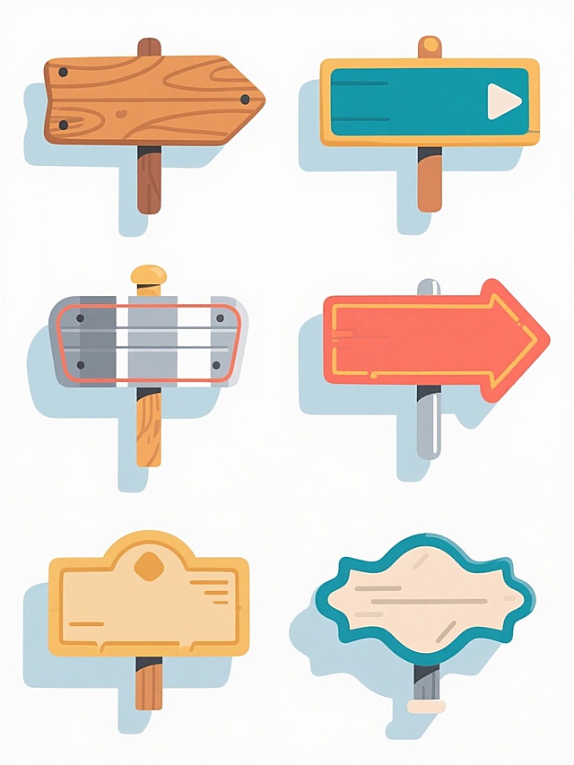 6个不同样式、不同材质、不同风格的指示牌，白色背景，排列整齐，无文字，扁平化设计风格，鲜艳明亮的色彩，简洁流畅的线条，卡通风格，木质纹理，金属质感，塑料材质，复古造型，现代简约设计，手绘风格，清晰的轮廓，均匀的阴影，每个指示牌具有独特的形状和细节，整体构图平衡对称，视觉上干净整洁，适合作为设计素材或装饰元素