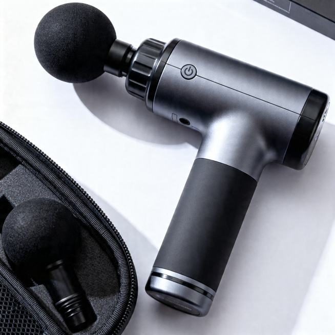 photorealistic product shot, mini massage gun on white background, studio lighting, high detail, 8K,预览效果