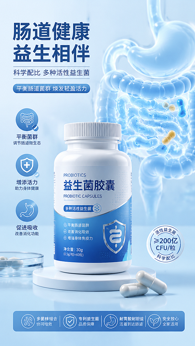 肠道益生菌产品展示图，瓶身设计，健康医疗风格，展示益生菌胶囊和肠道示意图