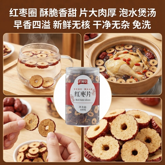 图一中这款产品是红枣片，我在拼多多卖这款产品，请帮我设计10张电商主图，这款产品的克重是100g
文案要求:红枣圈 酥脆香甜 片大肉厚 泡水煲汤 早香四溢 新鲜无核 干净无杂 免洗预览效果