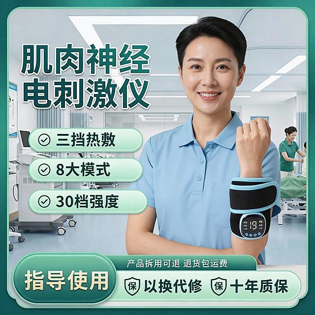 图中是一位亚洲男性康复师，身穿浅蓝医护服，手臂佩戴肌肉神经电刺激仪，做出抬臂康复动作；背景为康复中心训练室，摆放康复训练器械；卖点文字内容不变：'三挡热敷'、'8大模式'、'30档强度'、'指导使用'、'产品拆用可退 退货包运费'、'以换代修'、'十年质保'；文字颜色改为墨绿+白色搭配，框架模板调整为清新绿渐变模块，整体风格温暖专业。
