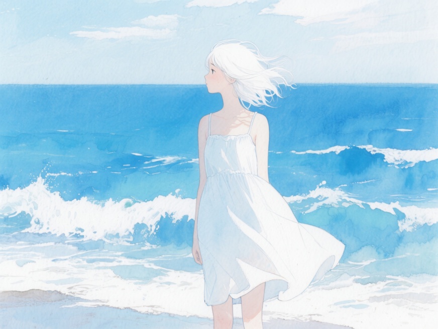 白发女孩，白色连衣裙，站在海边，风吹动头发和裙子，画面颜色清透干净，水彩风格，柔和的笔触，明亮的光线，蓝色的大海，白色的浪花，远处的海平面，天空中有淡淡的云彩预览效果