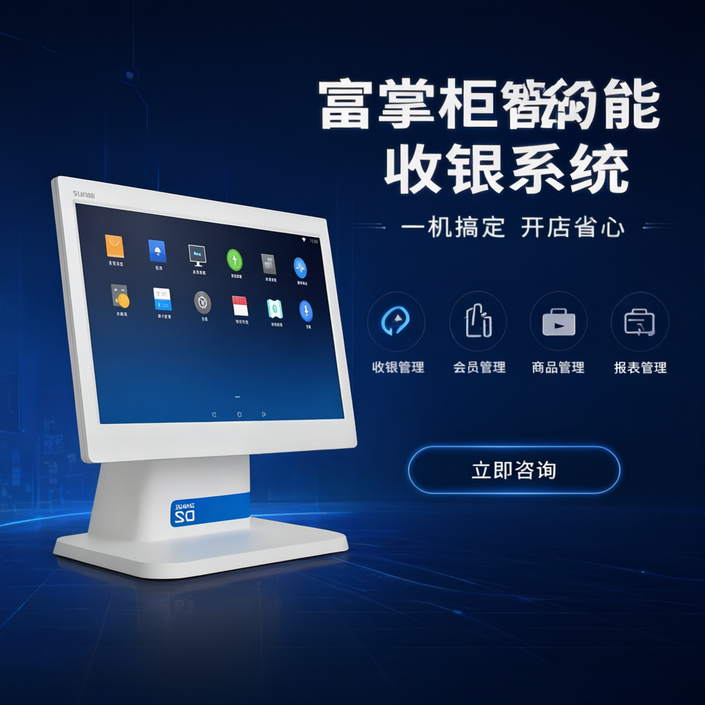 将图一中左侧的收银机替换为图二中的单屏收银机外观，保持图一原有… - 图片创意预览