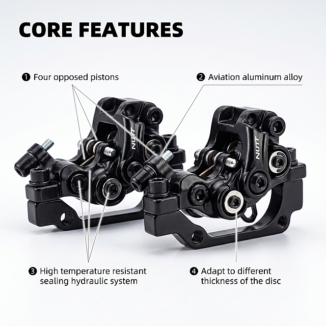 [主图 2] NUTT brake calipers core performance highlight picture. [氛围 style] industrial technology style, highlighting product texture and mechanical performance. [quality] commercial photography texture, soft and transparent light, clear and real product, clean and advanced picture. [elements] Put the product in the center, use fine lead lines to connect each functional part and mark the name. Four opposed pistons, aviation aluminum alloy, high temperature resistant sealing hydraulic system, adapt to different thickness of the disc. Keep the product appearance (physical structure, material texture, color) absolutely consistent with the input product picture, eliminate any deformation and color difference, fine processing. The product subject accounts for 60% of the picture, full screen without border. [light and shadow] Hard high contrast light, the product texture is prominent, the lead line part is softly guided, the light contrast is clear. [color matching] Main color dark black, auxiliary color silver metal, simple low-key background. [perspective composition] Head-up, shallow depth of field, focus on the product structure. [text layout] Each lead corresponds to the English description, the text is small and fine, the color is white, do not cover the product body. Left upper corner main title "CORE FEATURES", black bold. [resolution] 1:1 ratio, 2K resolution; clear text, ultra HD. [negative prompt] deformation, watermark, text confusion, product picture blurred, background messy.