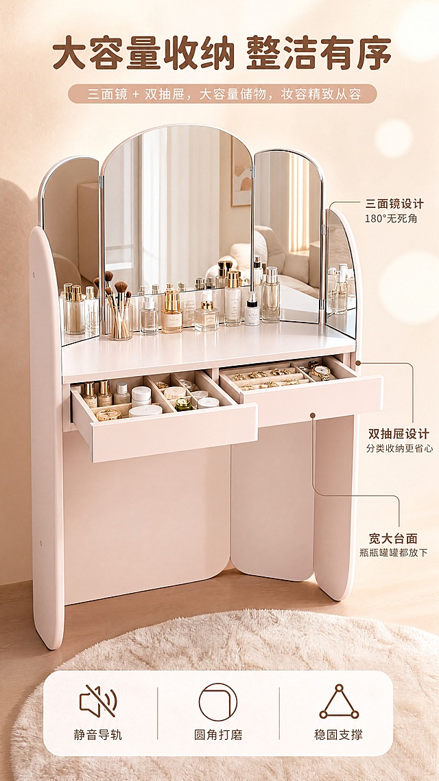 [商品] 使用【图1】浅粉色/奶杏色梳妆台DZ-8806；保留三折镜、双抽屉结构、颜色和整体比例；抽屉呈半拉开状态展示内部空间，镜面多角度展开。
[画面] 目标：功能细节演示页，展示收纳容量与三折镜功能。构图：上下分区，上半区展示三折镜展开效果，下半区展示抽屉储物细节；产品位于画面中央，占画面约65%；角度为正面微侧，同时展示镜面开合与抽屉拉出；景别为中近景；阅读动线从上到下；前景为抽屉内摆放的护肤品与首饰收纳盒，中景为梳妆台主体（抽屉拉开、侧镜展开），后景为浅米色渐变背景+柔和光斑。
[视觉] 套系策略：风格=奶油风轻奢家居商业摄影；标题字=现代圆润无衬线粗体；正文字=简洁无衬线体；主色=奶杏粉/浅蜜桃色；背景延展=基于奶杏粉做深浅层级、同色渐变和细腻墙面/织物质感；强调色=奶茶棕，仅用于小面积图标、引线和标签；标题色=深奶茶棕；正文色=中暖灰；组件=圆角浅底信息卡、细线引线、胶囊形卖点框；光影=正面均匀柔光，突出抽屉内部空间。
[文字] 顶部主标题「大容量收纳 整洁有序」（8字），上半区侧镜旁引线标注「三面镜设计 180°无死角」，下半区抽屉旁引线标注「双抽屉设计 分类收纳更省心」「宽大台面 瓶瓶罐罐都放下」；底部3个功能图标+短标：「静音导轨」「圆角打磨」「稳固支撑」。
[规格] 图片比例9:16竖版，4K，负向提示：避免变形、错字、文字过小、冷蓝/蓝灰背景、产品颜色改变、结构失真、抽屉比例失调、极限词。