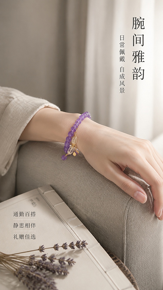 [第2屏] 详情页场景种草-紫水晶貔貅手串雅致生活场景。本屏使用【图1】作为商品主体，保持手串结构、颜色、貔貅福牌细节与原图一致。
[氛围/风格] 静谧侘寂风生活场景，低饱和灰调，极简光影，商业摄影质感，温润雅致东方意境。
[元素布局] 手串佩戴在一只纤细白皙的女性手腕上，手部轻搭在浅灰色亚麻布艺沙发扶手上，占画面中部偏右；背景是模糊的米灰色窗帘与柔和自然光；前景左下角有一本米白色线装书和一支干枯薰衣草；整体场景温馨雅致，突出日常佩戴美感。
[光影质感] 右侧窗边自然柔光，左侧弱反光板补光，手腕和珠体有柔和高光，阴影浅淡通透，整体光线均匀温暖。
[配色色系] 全局底色 #ECEAE8（米灰）；主色 低饱和紫 #B5A5C5；辅助色 亚麻米灰 #D8D2CC、哑光金 #C8B389；点缀色 干枯紫灰。
[视角构图] 平视微侧角度，手腕为视觉焦点，浅景深虚化背景，阅读动线右上标题 → 中部手腕手串 → 左下场景元素。
[文字版式] 版式为右上竖排标题 + 中部佩戴场景 + 左下文案。主标题「腕间雅韵」，副标题「日常佩戴 自成风景」，纤细宋体右对齐；下方三行短句「通勤百搭」「静思相伴」「礼赠佳选」；文字颜色深灰，不遮挡手腕主体。
[比例分辨率] 9:16 竖版比例，4K分辨率，文字清晰可辨，高清画质。
[负向提示词] 手串变形，颜色偏差，模特手部畸形，水印，文字错乱，背景杂乱，光线过曝，珠体塑料感。