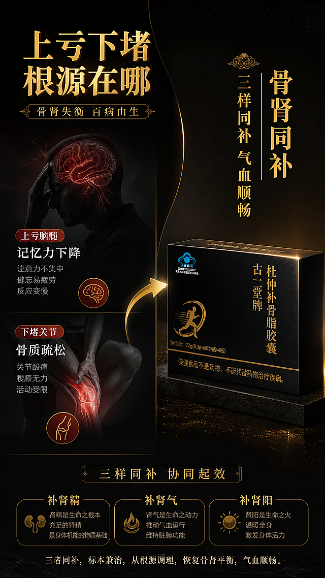 [第2张] 详情页痛点与核心卖点-骨肾同补根源调理原理。本张使用【图1】作为产品展示。
[氛围/风格] 中式黑金养生风，专业可信，痛点共鸣+解决方案呈现，商业设计质感。
[元素布局] 画面左右分栏布局；左侧上半部分为痛点场景示意（脑部+关节部位的暗调剪影），配问题文字；右侧为产品包装盒斜放展示，占比约40%；中间用金色箭头连接，表示调理方向；背景为深黑色底，带细微金色纹理；产品外观与输入图一致。
[光影质感] 产品区域打亮，左侧痛点区偏暗调，形成明暗对比；金色元素发光质感，整体沉稳有层次。
[配色色系] 全局底色 #121212 黑色；主色金色 #C9A227；辅助色暗红（痛点区）、深灰。
[视角构图] 左右分栏构图，阅读动线左上方痛点 → 中部箭头 → 右侧产品+解决方案。
[文字版式] 左上金色大标题「上亏下堵 根源在哪」；下方两列痛点：「上亏脑髓 记忆力下降」「下堵关节 骨质疏松」，配简约图标；右侧产品旁竖排金色文字「骨肾同补 三样同补 气血顺畅」；底部小字说明肾精、肾气、肾阳同补理念。
[比例分辨率] 9:16 竖版比例，4K 分辨率，文字清晰可辨。
[负向提示词] 医疗化表述，治愈承诺，绝对化用语，产品变形，文字错乱，水印。