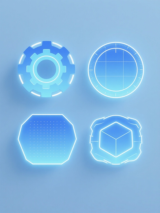 简约现代风格的纯色背景上，四个规整排布的科技感素材，每个素材均采用蓝色渐变色调与白色发光线条构成的赛博朋克式界面元素设计，包含圆形齿轮状结构、环形数据刻度、点阵网格和几何光效等不同科技感元素，整体保持平滑的数字艺术质感，无文字、无logo、无水印，光影效果柔和，视觉层次清晰，呈现出统一的未来科技氛围。