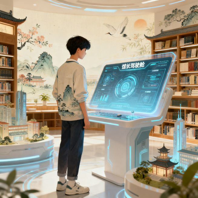 政策领航与数智赋能主题插画，科技感青年，虚拟屏幕"馆长驾驶舱"，智慧城市书房环绕，未来感，明亮干净，治愈系国风，青春校园公益温暖风格，暖色调，高清细节预览效果