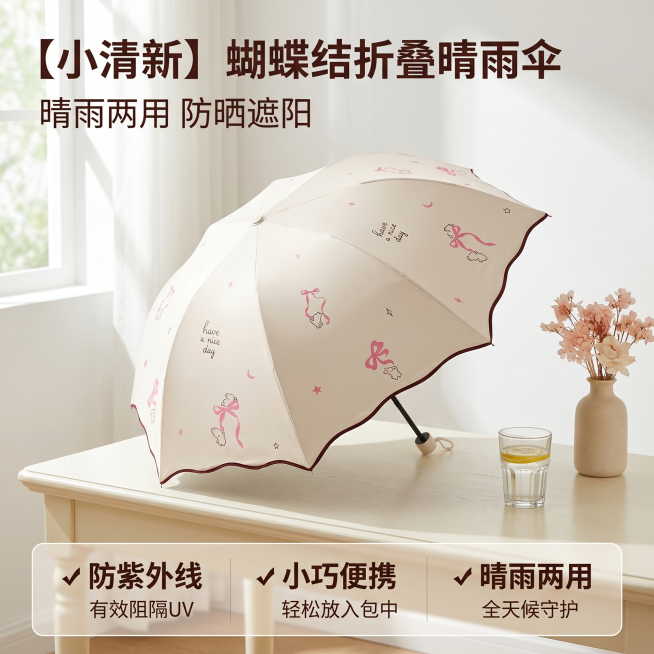 [主图 1] 清新甜美ins风折叠防晒伞首图
[氛围风格] 明亮清新治愈生活风，干净通透
[画质] 商业摄影质感、光线柔和通透、产品清晰真实、画面干净高级
[元素] 米色蝴蝶结折叠伞完全展开居中展示，预览效果