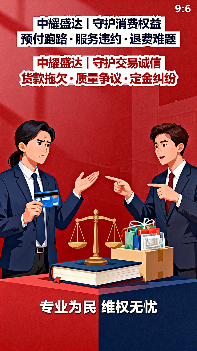 设计一张9:16的消费权益法律服务宣传海报，图文结合。包含两行标题：第一行"中耀盛达 | 守护消费权益 预付跑路·服务违约·退费难题"，第二行"中耀盛达 | 守护交易诚信 货款拖欠·质量争议·定金纠纷"，画面体现消费服务和交易中的各类纠纷矛盾，专业为民的维权风格，红色搭配藏蓝的正义配色，整体清晰醒目，突出消费者权益保护和服务纠纷化解的主题。